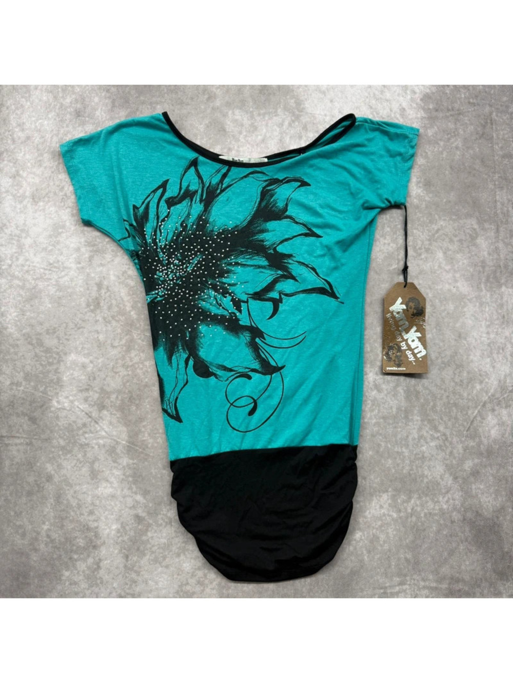 Vintage Y2K YomYom Teal Blue Floral Rhinestone Scoop Neck Tunic Top Small NWT